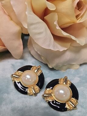 Pearl-Centered Gold & Black Enamel Pierced Post Earrings